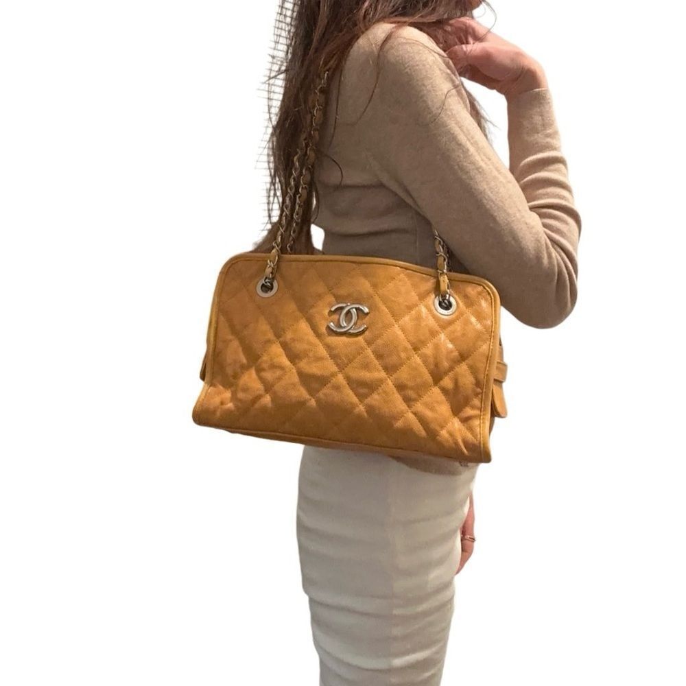 CHANEL Quilted Mustard Yellow caviar Leather Shoulder Bag with Chain Strap